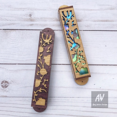 Pomegranate Mezuzah Wood - 2 Tone Relief - 1 inch