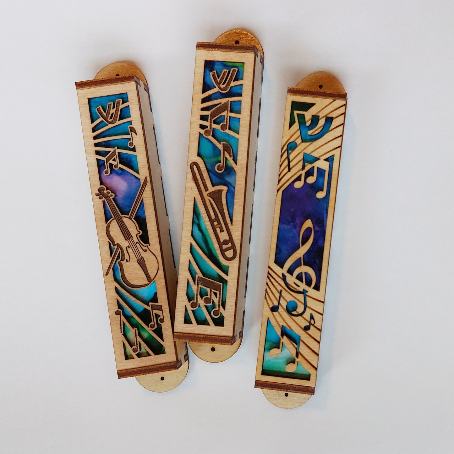 Wooden Violin Musical Notes Mezuzah 6"