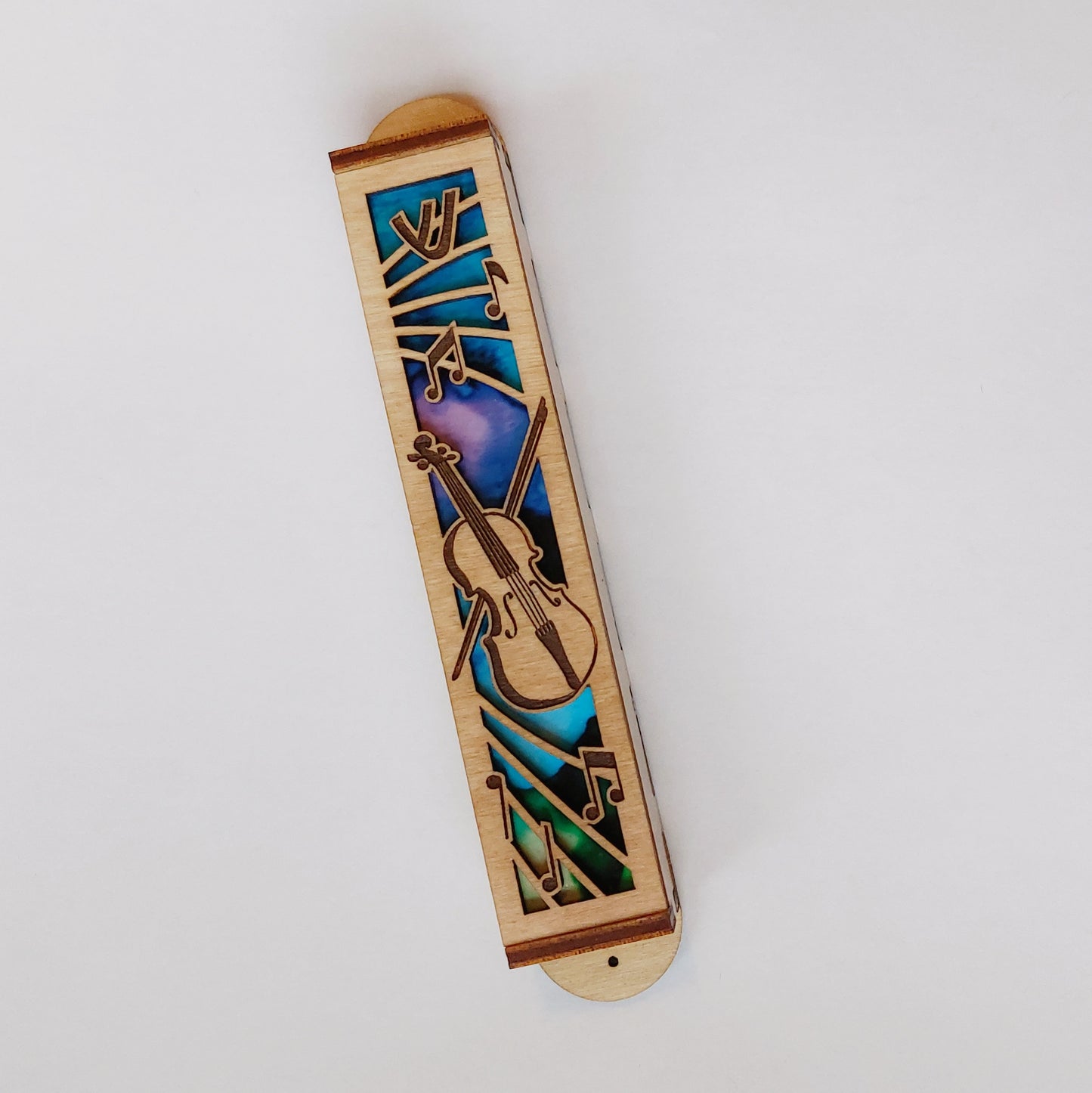 Wooden Violin Musical Notes Mezuzah 6"