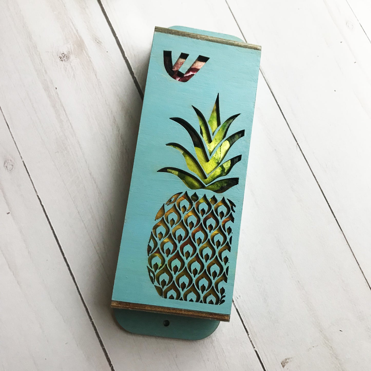 Handpainted Wooden Laser Cut Pineapple Mezuzah - Wide