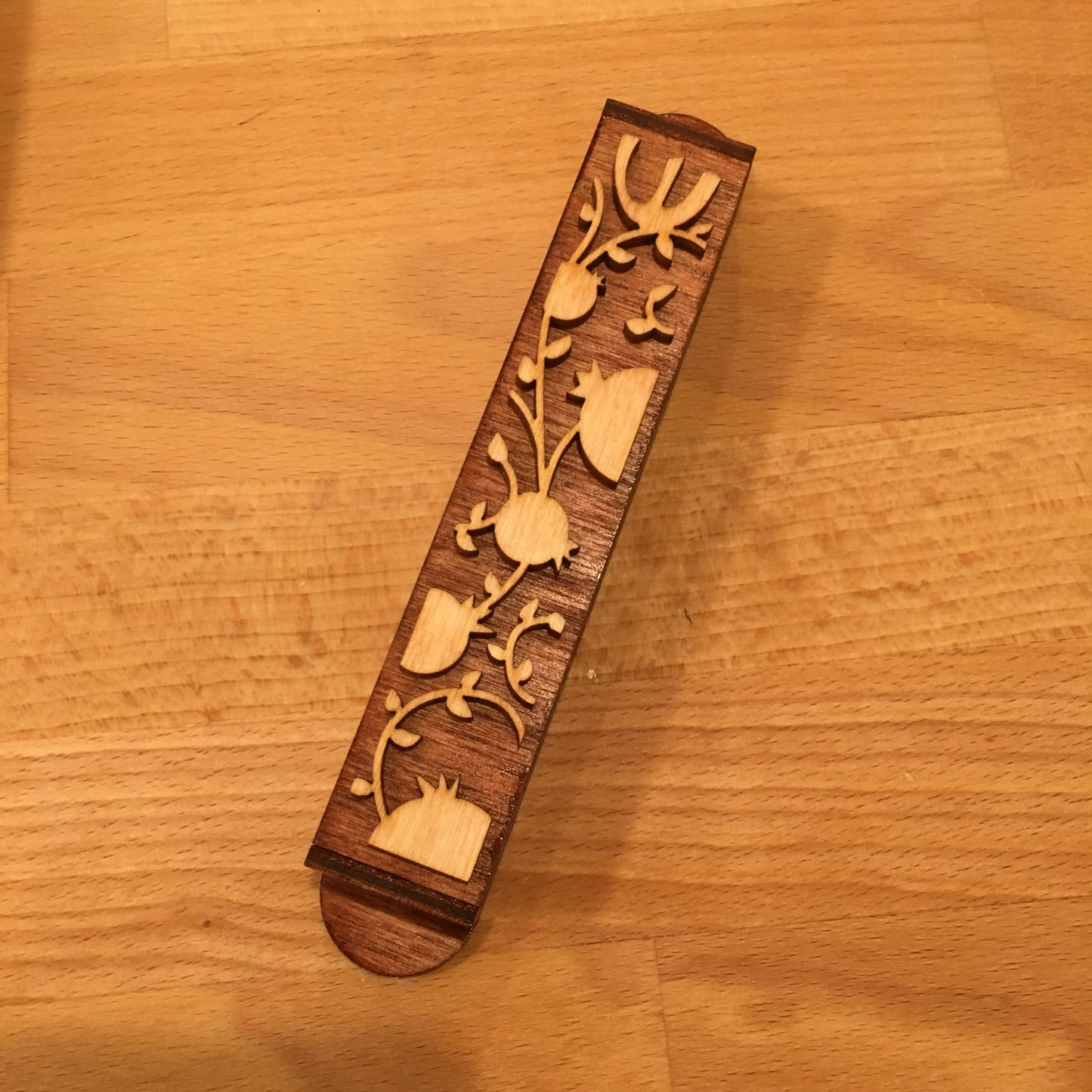 Pomegranate Mezuzah Wood - 2 Tone Relief - 1 inch