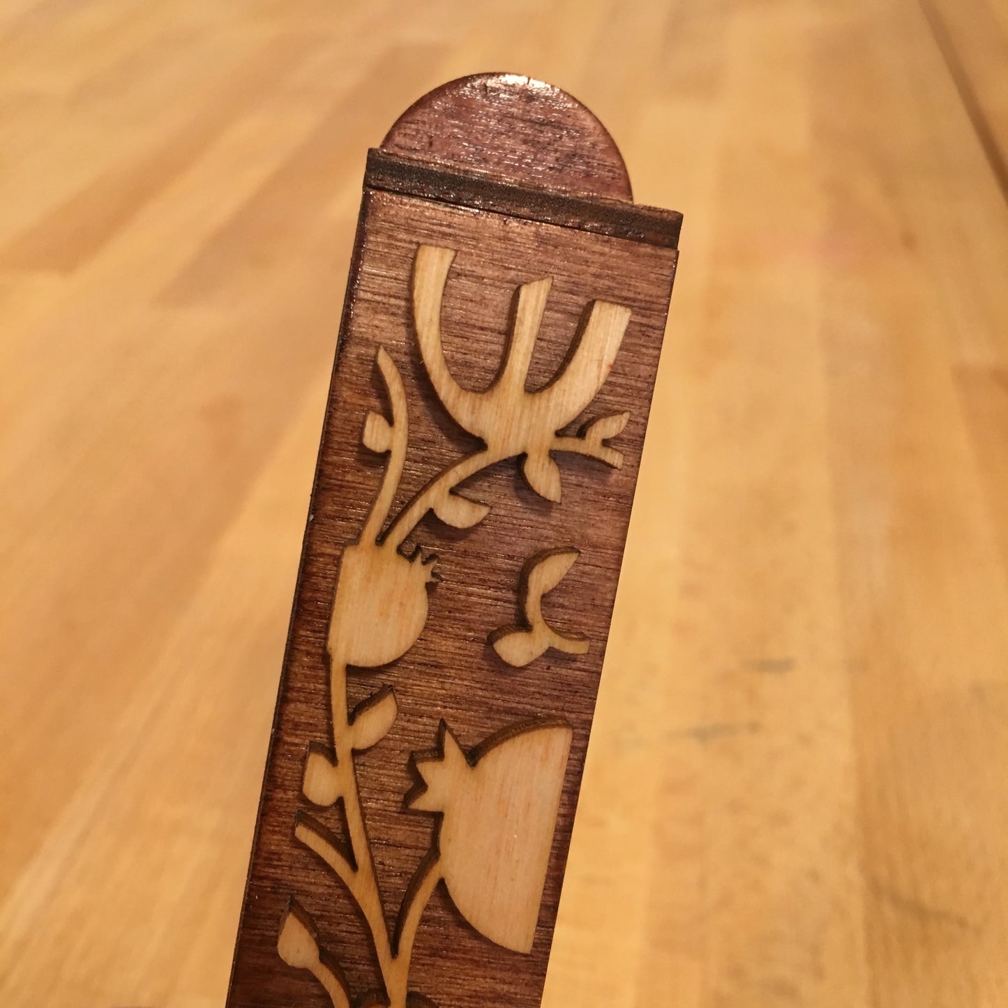 Pomegranate Mezuzah Wood - 2 Tone Relief - 1 inch