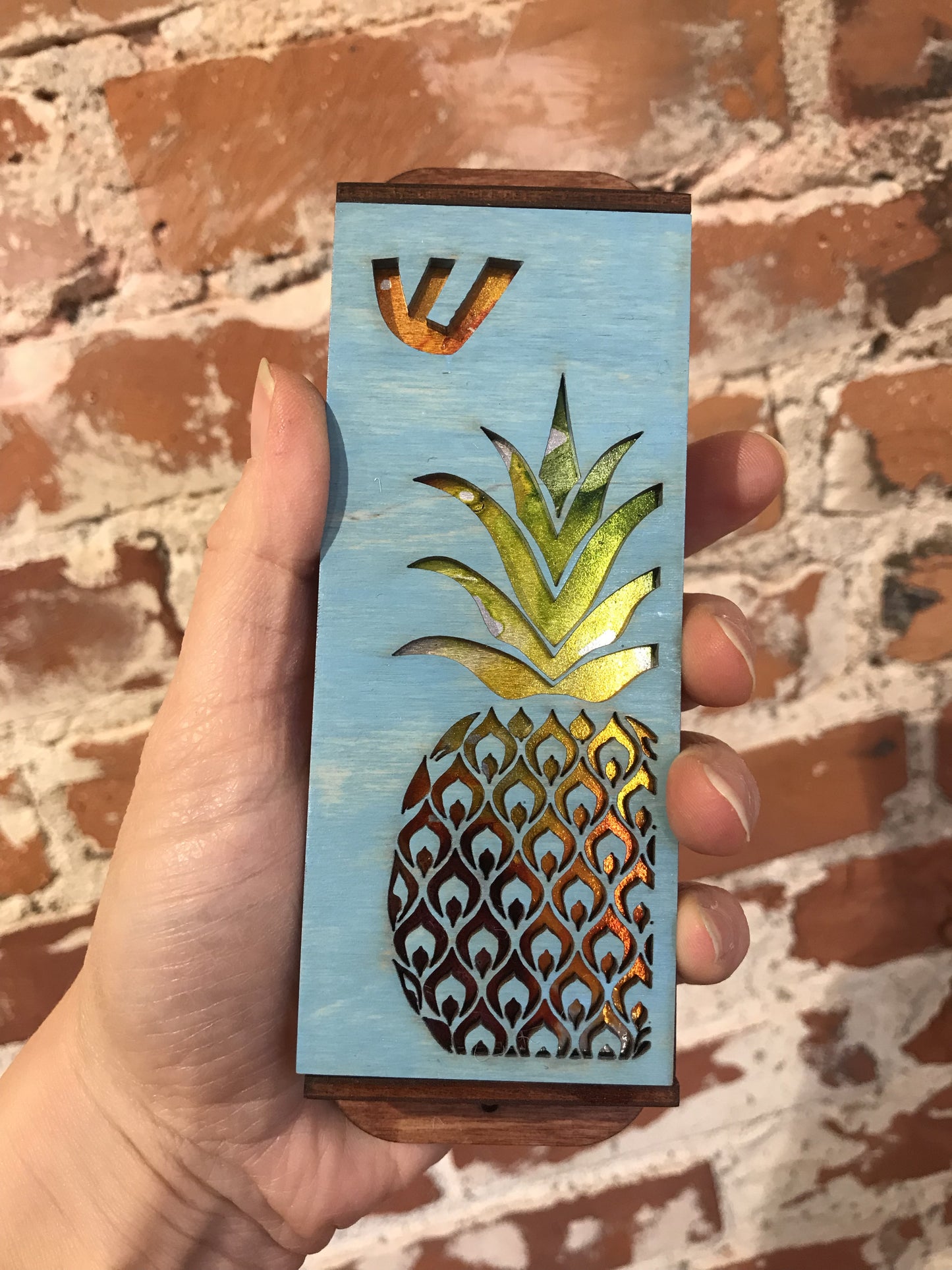 Handpainted Wooden Laser Cut Pineapple Mezuzah - Wide