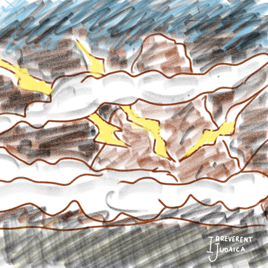 Sketchy drawing of mountain with dark sky, lightning bolts, and clouds