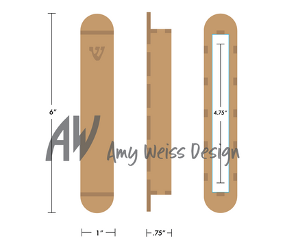 Drawing of mezuzah with measurements, 6" tall, .75" deep, and 1" wide. The hole for the scroll is 4.75" tall.