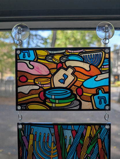 stained glass style image with sufganiyot, chocolate coins, and hanukah cookies