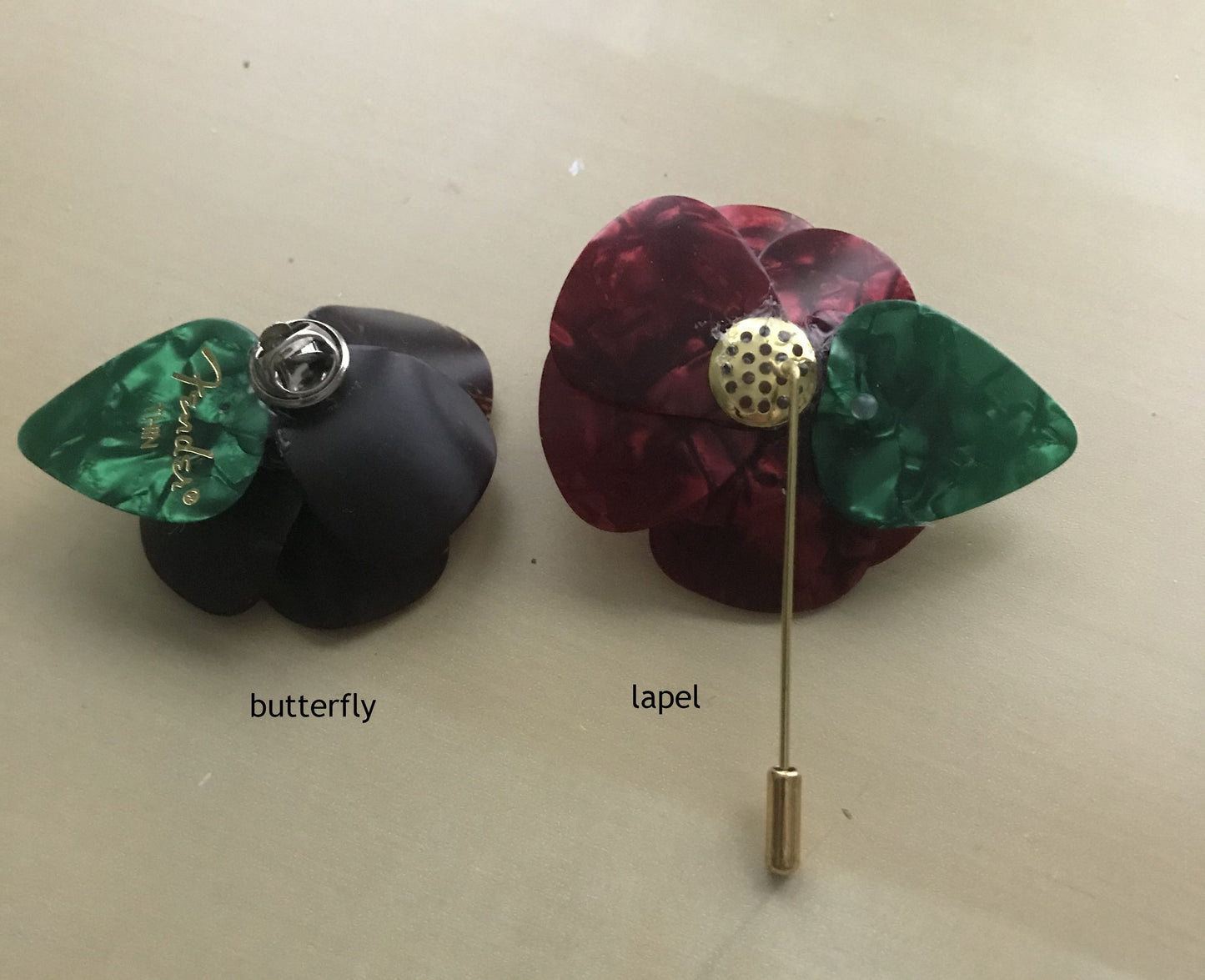 photo illustrating the difference between a butterfly pin and a lapel stick pin